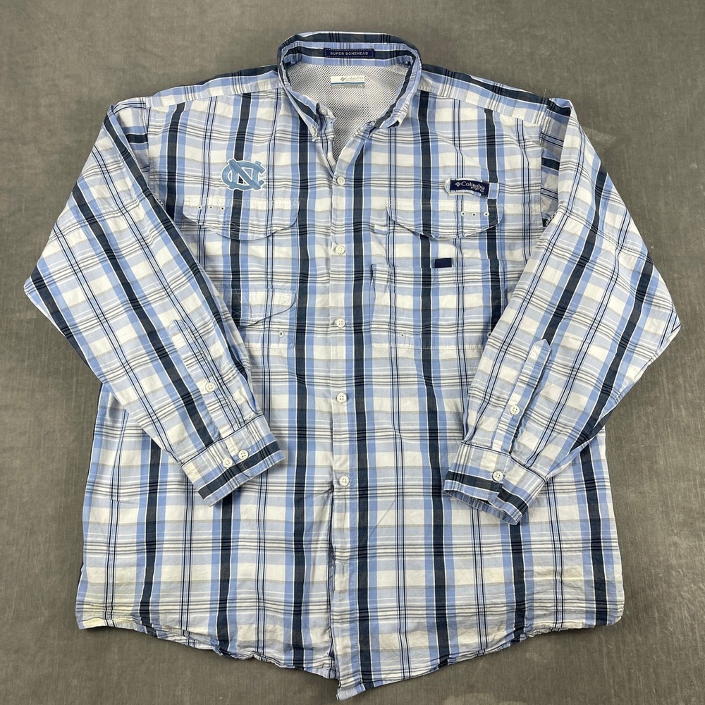 UNC Tar Heels Columbia Mens L Blue Plaid PFG Super Bonehead Fishing Shirt